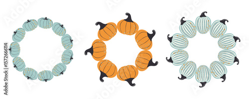 Autumn round composition of pumpkins of different shapes. Decorative round frame of seasonal pumpkins arranged symmetrically in a circle. Vector flat illustration on white background. 