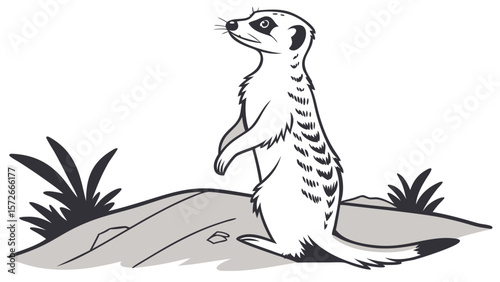 Vector illustration of a cute, alert meerkat standing in nature, a small wild mammal on desert lookout