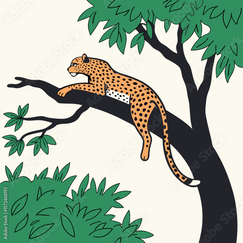 A magnificent spotted feline predator, a leopard, rests high in a tree, embodying the essence of wildlife in nature