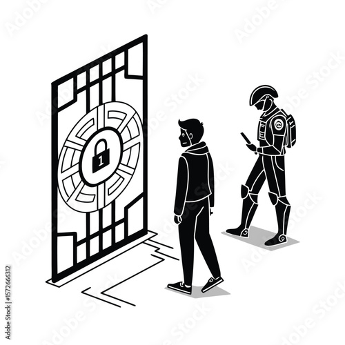 Digital Portal Guarded by AI Sentinels Vector Black