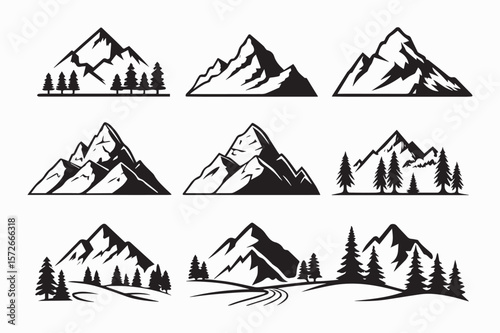 mountain icon set silhouette vector