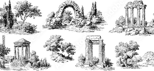 Ancient architectural ruins and nature landscapes in vintage black and white engravings