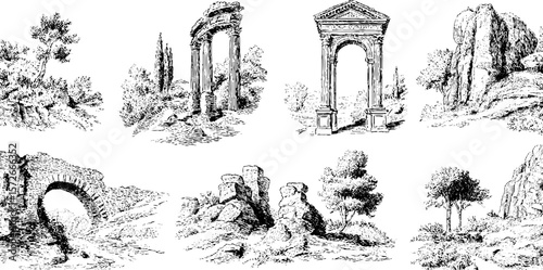 Ancient ruins and landscapes in vintage black and white engraving style for design and decoration