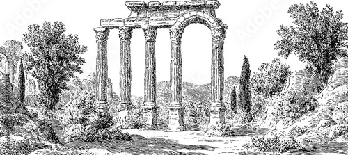 Ancient roman ruins in nature: hand drawn vintage engraving for design projects