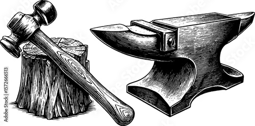 Vintage blacksmith anvil and hammer engraving for retro design and crafting projects
