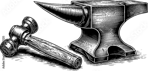 Vintage black and white anvil and hammer engraving for design and decor projects