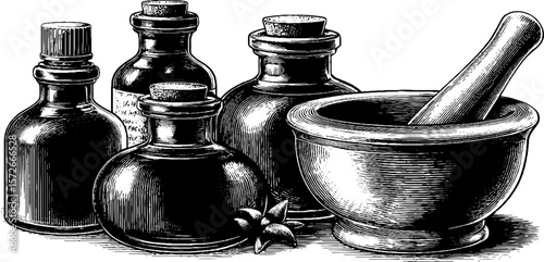 Vintage apothecary bottles and mortar and pestle set in black and white engraving for retro design