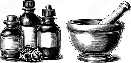 Vintage apothecary bottles and mortar with pestle sketch for retro design