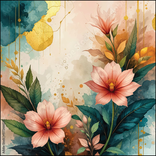 A beautiful floral design with gold accents, perfect for wall decor.This image showcases a vibrant floral arrangement, painted in a watercolor style with various shades of pink, teal, gold, 