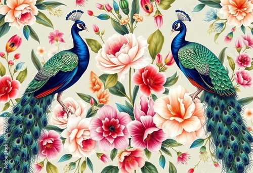 Elegant Victorian floral wallpaper, hand-painted peacocks, vibrant blooms, botanical art, leaf, plants