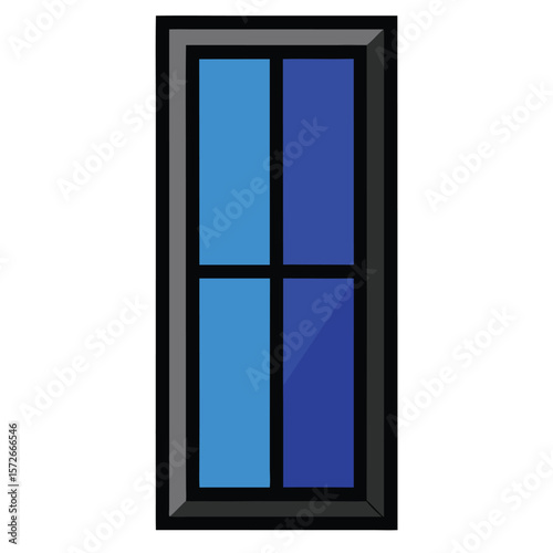 Tall Narrow Window with Black Frame and Tinted Blue Glass, Minimal Style
