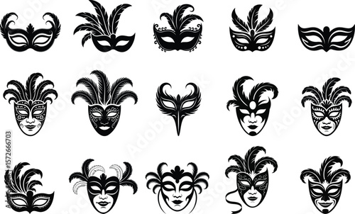 Collection of Vintage Masquerade and Carnival Mask Icons in Black and White Vector Illustration