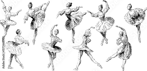 Vintage ballet dancers in black and white engraving for artistic decor and posters