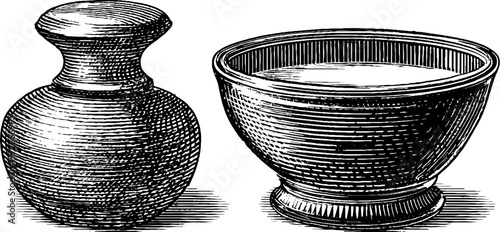 Vintage engraving of apothecary bottle and bowl – hand drawn retro illustration for design