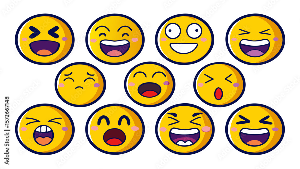 Fototapeta premium Cartoon Emoji Face Set – Yellow Expressions in Flat Hand-Drawn Style on Transparent Background 