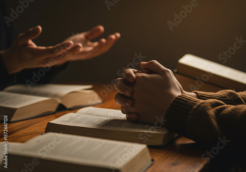Hands praying over open books faith religion