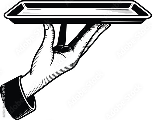 Elegant hand holding a serving tray in a classic black and white silhouette style on vector illustration