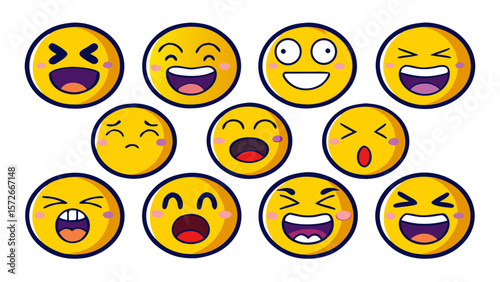 Cartoon Emoji Face Set – Yellow Expressions in Flat Hand-Drawn Style on Transparent Background 