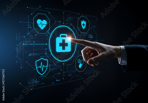 Hand touching medical technology interface image