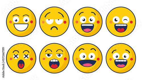 Cartoon Emoji Face Set – Yellow Expressions in Flat Hand-Drawn Style on Transparent Background 