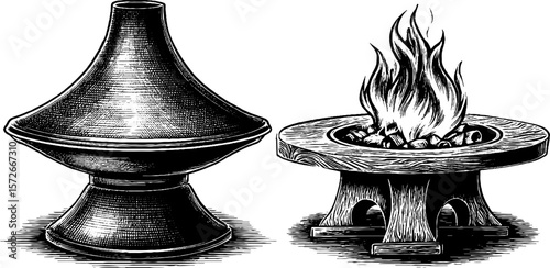 Vintage bell shaped objects hand drawn engraving illustration
