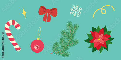 Hand Drawn Candy Cane Poinsettia Snowflakes Pine Twigs Ball Ribbon Baw Christmas design elements Set