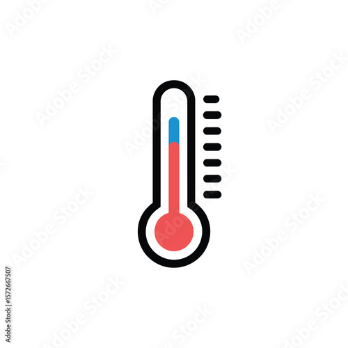 Minimalist Icon of a Thermometer Displaying a Moderate Temperature with Red and Blue Liquid Levels Against a White Background Simple Line Art Design