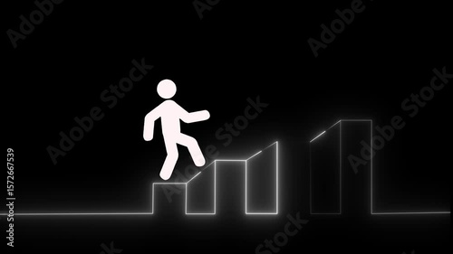  Neon icon of a person climbing stairs with a glowing neon effect on the white background.