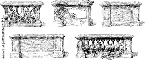 Vintage black and white engraving of decorative stone balustrades and planters for retro design
