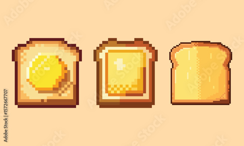 Pixel Art Toast Set 8-bit Breakfast Icons. A set of 8-bit style pixel art toast illustrations. 