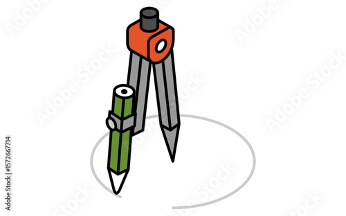 コンパスで円を描くシンプルな線画アイコン、アイソメトリックイラスト