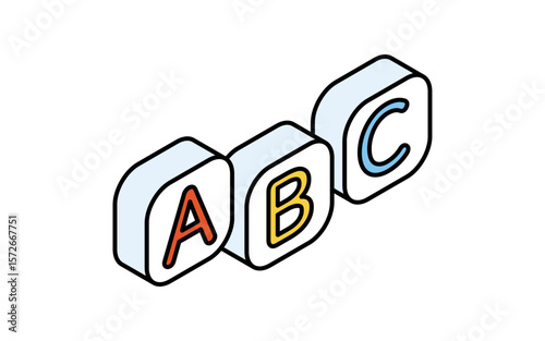 アルファベットABC、英語学習のシンプルな線画アイコン、アイソメトリックイラスト