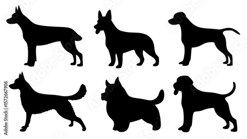 Vector set of different dog breed silhouettes on transparent background. Includes various canine shapes in side view. Perfect for pet-themed designs, icons, and infographics.