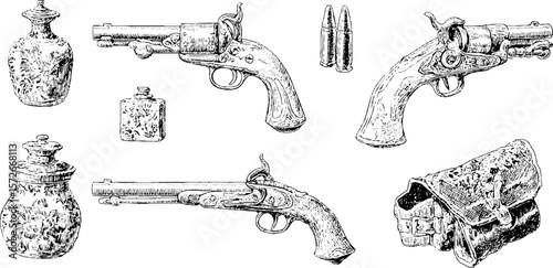 Vintage black and white engraving set of cava with pistols and accessories for retro design