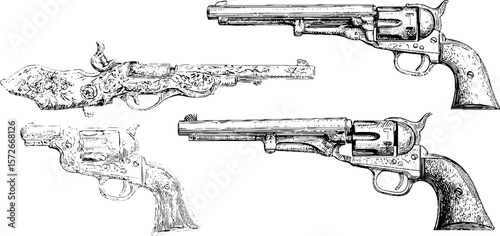 Vintage cava revolver engravings: antique firearm illustrations for retro designs