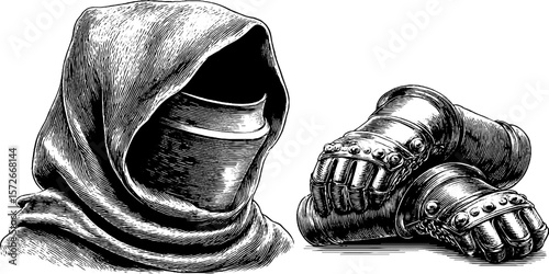 Medieval armor and cloak set hand drawn engraving illustration for retro design