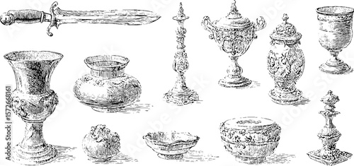 Intricate black and white hand drawn engraving of vintage ceremonial objects for classic decor