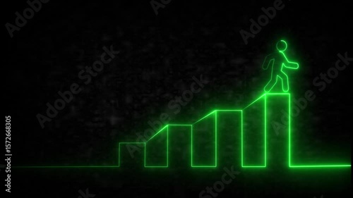 Glowing Neon  Career growth success concept. Man and stairs icon with sign violet color color animation on the black background.