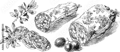 Vintage black and white engraving of sausages with herbs and vegetables for culinary design