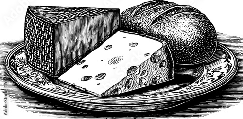Vintage black and white cheese and bread engraving illustration for culinary design