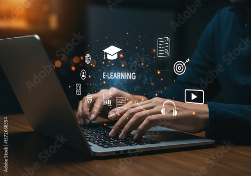 Person typing on laptop with e learning icons online education