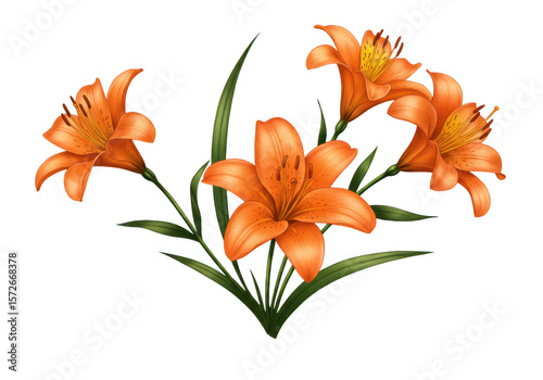 A beautiful cluster of vibrant orange lilies with green leaves intricately detailed and isolated on transparent background