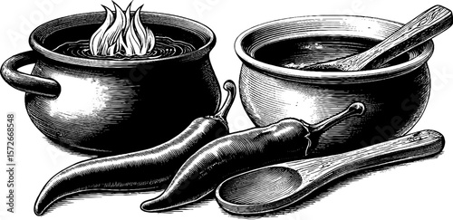Black and white engraving of cooking pots with chili peppers for kitchen decor