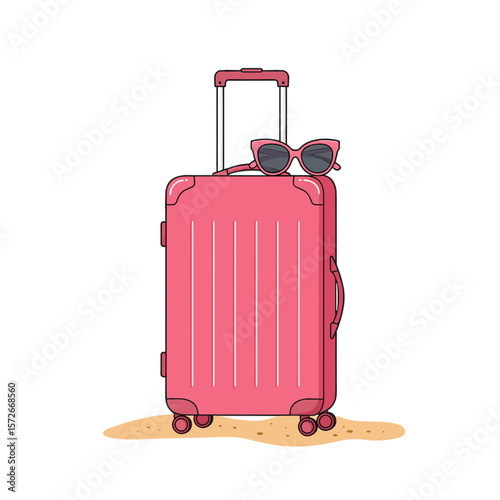 Pink suitcase with sunglasses - minimalist vector illustration on transparent background, summer and vacation theme