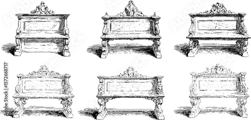Elegant vintage benches collection in black and white engraving style for retro design