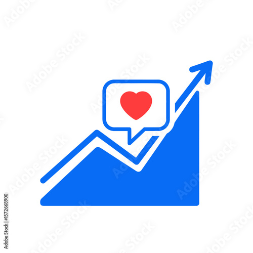 Blue graph with upward arrow and heart in speech bubble illustration