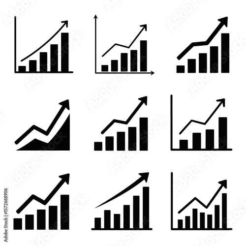 Nine black and white growth charts with arrows and bar graphs show