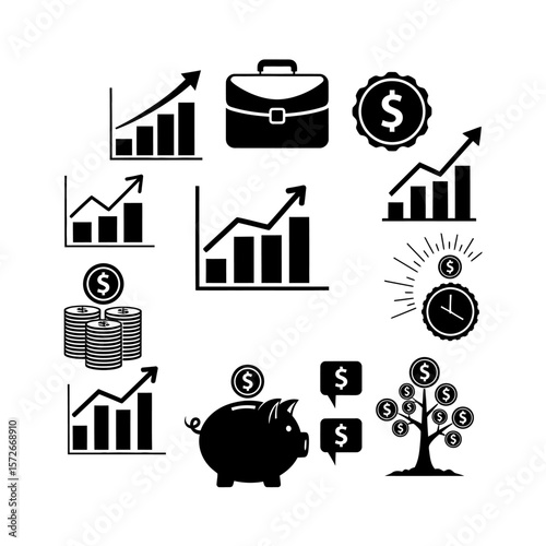 A collection of various financial and business themed black icons