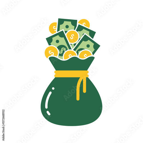 A green bag filled with money and coins on a white background art
