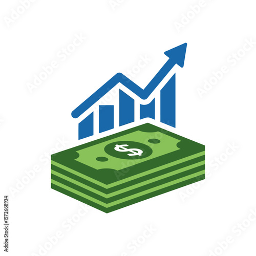 Stack of money with a rising graph indicating financial growth